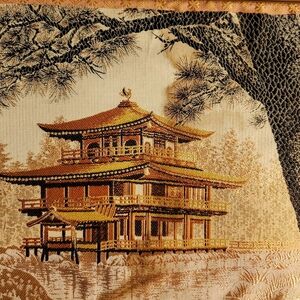 Vintage Japanese Embroidered Silk Tapestry Temple with Tree